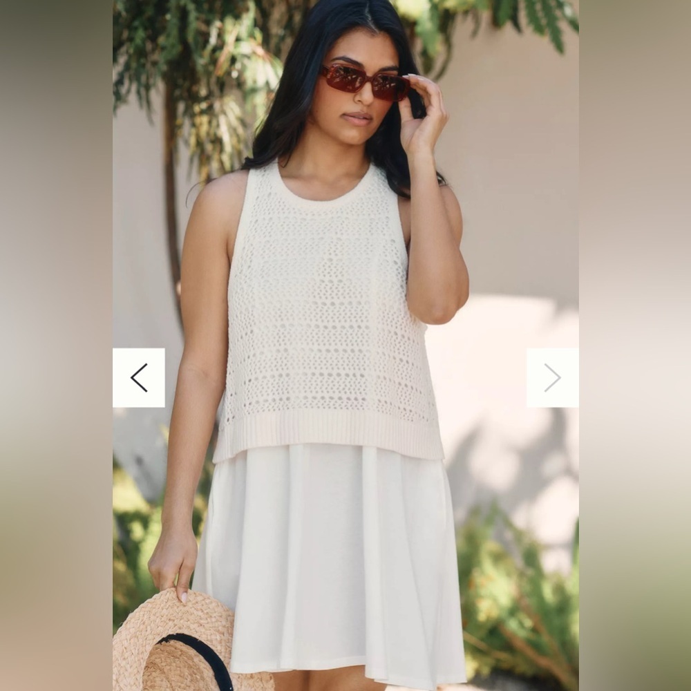 Anthropologie Cream Layered Mini Dress with Knit Overlay